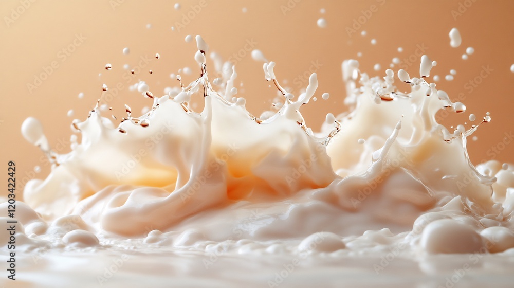 Poster vibrant splash of almond milk frozen in time creating dynamic droplets and a smooth wave against a p