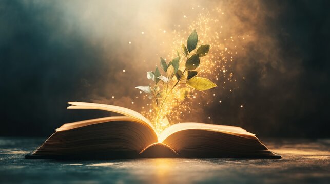 Glowing Book of Growth, an enchanting scene of an open book radiating light and plants, embodying transformative educational magic