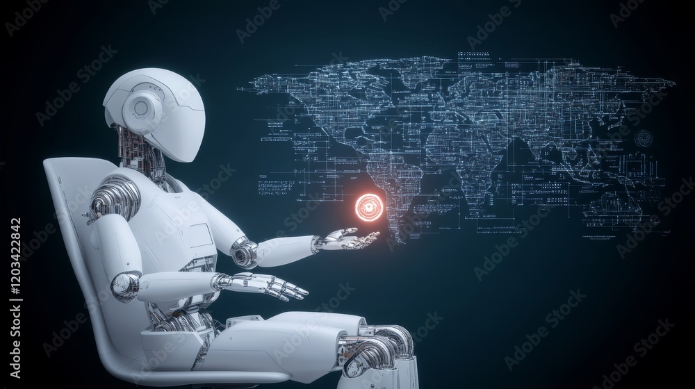 Poster global network robot monitoring digital world map