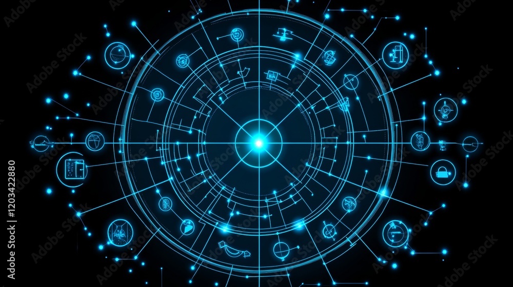 Poster global network system data visualization circular design