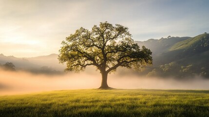 Obraz premium Majestic oak tree stands tall in a serene meadow, enveloped in gentle morning mist, inviting tranquility and reflection.