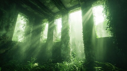Overgrown Ancient Ruins in Lush Jungle, Nature Reclaiming Historical Structures, Vivid Greenery Enveloping Stone Walls