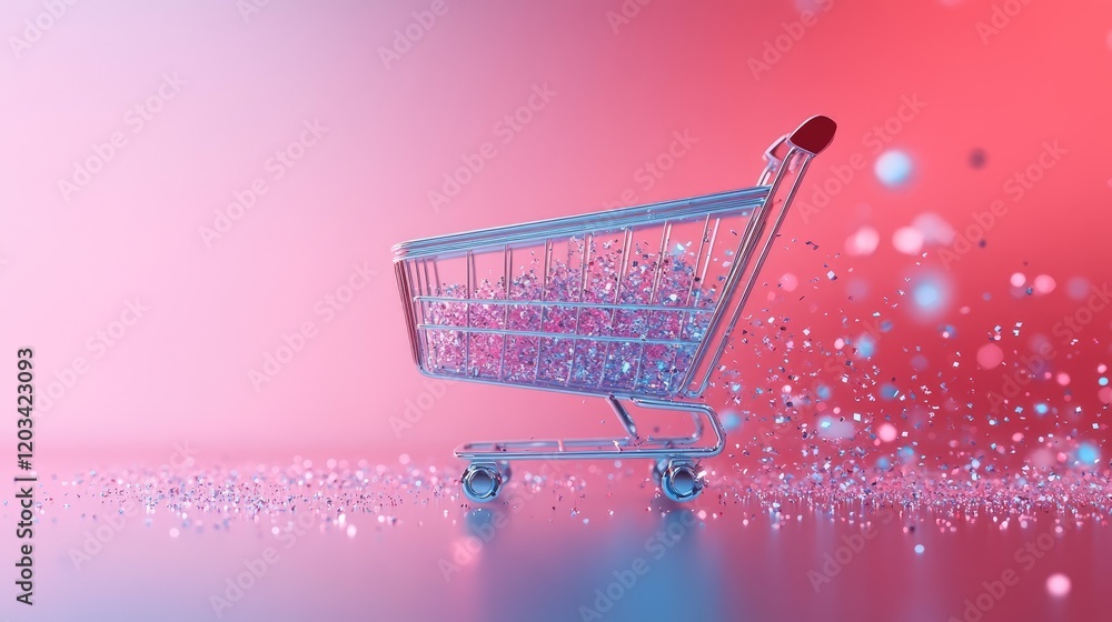 Poster shopee shopping cart icon floating on a soft gradient background with digital particles adding a hig