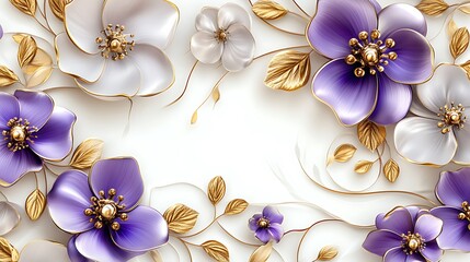 4D purple and gold floral pattern, white background, ultra-realistic, 