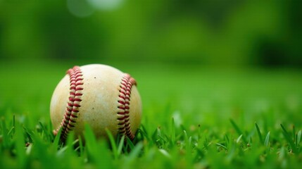 A well-worn baseball rests gently in a lush green field