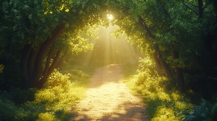 Obraz premium Empty forest path with sunlight streaming through, central copyspace
