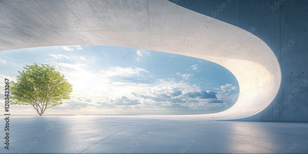 Poster peaceful architectural space featuring a solitary tree against a backdrop of serene clouds and smoot