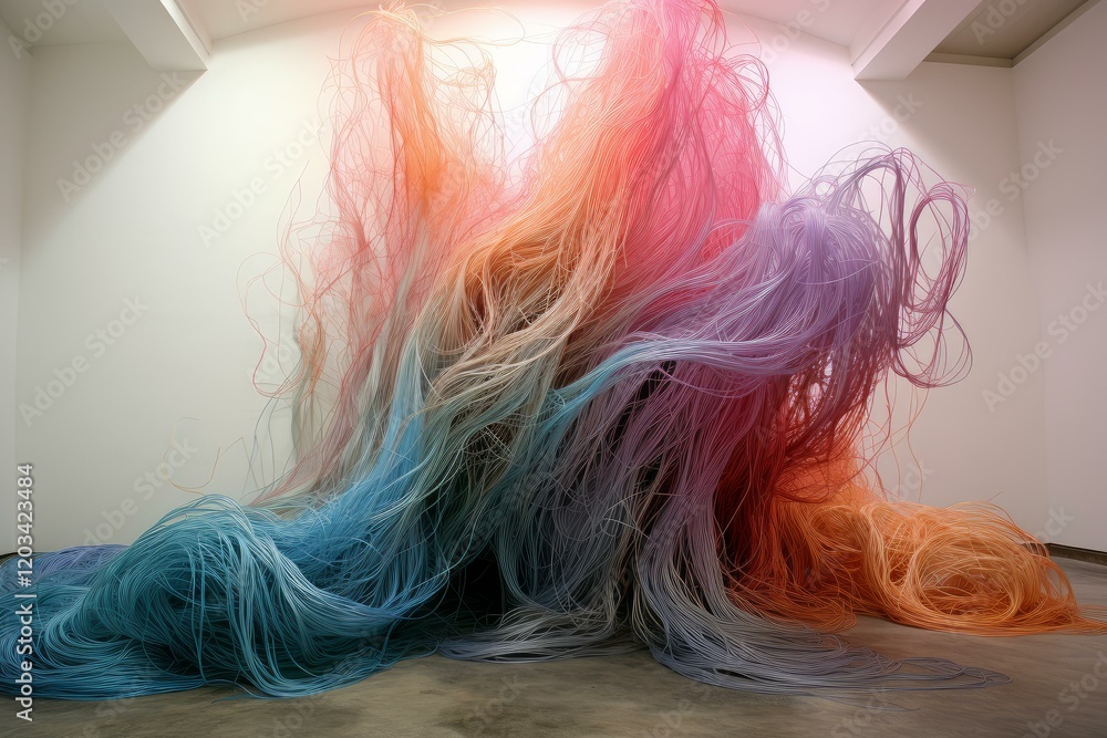 Aufkleber rainbow colored threads creating a large abstract art piece, displayed in a minimalist gallery space