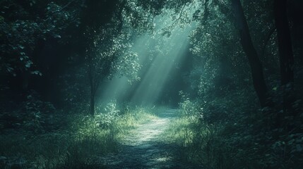 Fototapeta premium Empty forest path with sunlight streaming through, central copyspace