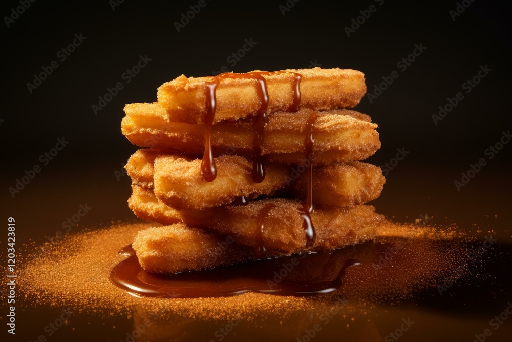 Poster stack of churros dripping with dulce de leche on a cinnamon dusted surface, creating a sweet and tem