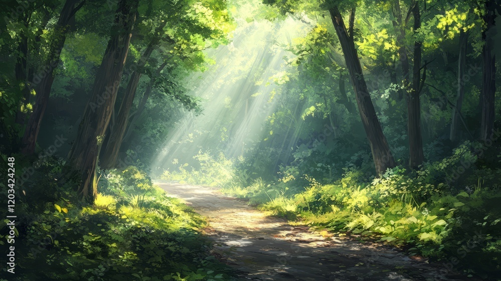 Poster empty forest path with sunlight streaming through, central copyspace