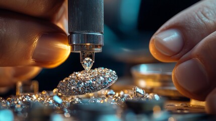 Delicate hands expertly position a stunning diamond atop a finely crafted piece, surrounded by an array of shimmering gems in a bright workshop. The atmosphere radiates craftsmanship and artistry