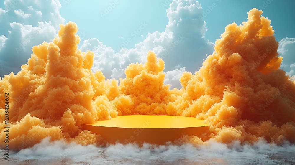 Aufkleber vibrant yellow 3d podium set against a backdrop of fluffy clouds the stand is placed in a bright emp