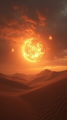 Glowing Sandstorms and Mysterious Orb in a Dramatic Desert Landscape
