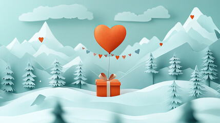 Gift box with heart balloon floating it the sky, Happy Valentine's Day banners, paper art style.