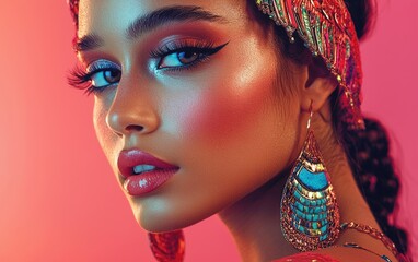 Obraz premium A bold close-up of a woman with intricate makeup, surrounded by a soothing pastel matte backdrop.