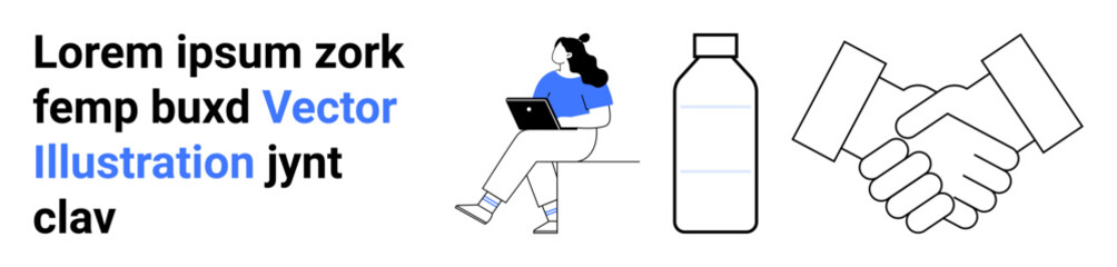 Person with a laptop, handshake, and a water bottle, emphasizing technology, agreement, and health. Ideal for productivity, remote work, partnerships, wellness, corporate culture, teamwork