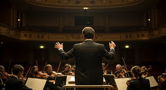 Back View Cinematic Shot of Conductor Directing Symphony Orchestra with Music Concert Closeup Shot Generative AI