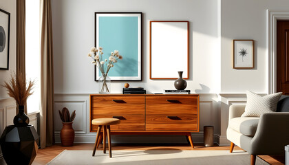 Modern living room with wooden furniture, minimalist home decor, two frames