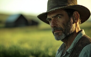 A close-up of a man in a farmerâ???s outfit, with a blurry field and farm background.