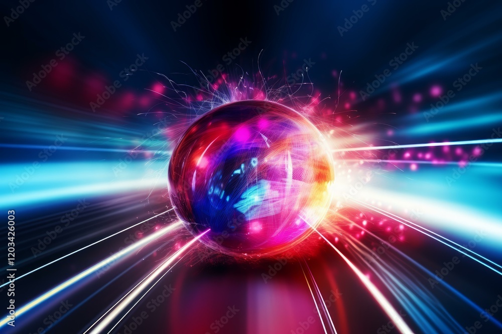 Poster glowing orb emitting vibrant beams and particles, creating a captivating display of energy and motio