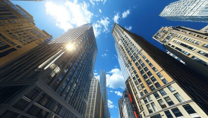 Stunning Low-Angle View of Skyscrapers Reflecting Sunlight with Bright Blue Sky and Fluffy Clouds in a Vibrant Urban Setting Capturing Modern Architecture
