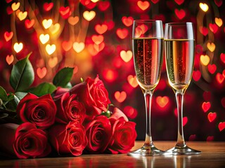 AI-generated image: Champagne bubbles, crimson roses, and hearts celebrate a romantic Valentine's Day.