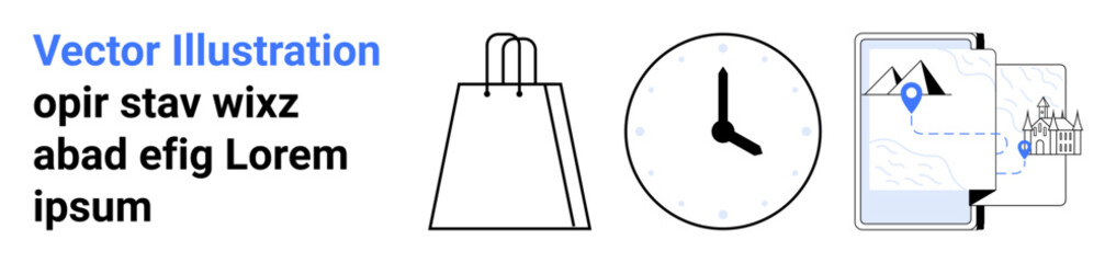 Shopping bag, clock, tablet displaying map with location pin, and blue text. Ideal for e-commerce, scheduling, travel planning, digital services, navigation business analytics time management