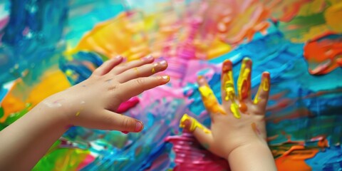 artwork using vibrant colors close up brush stroke and kid hand shot.