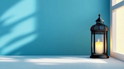 Ramadan lantern by an open window designed as a greeting card for Ramadan and Muslim holidays with copy space