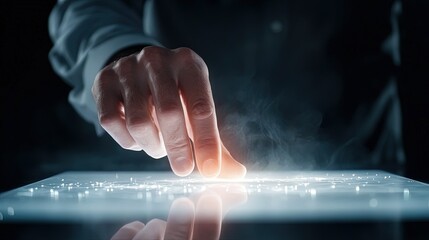 Businessman engaging with touch screen for audience demographic analysis and digital strategy insights, corporate environment, modern technology