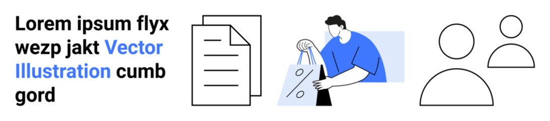 Business text beside document icon, person studying papers, and user icons. Ideal for business, data analysis, office communication, minimalistic design, corporate presentations, organizational