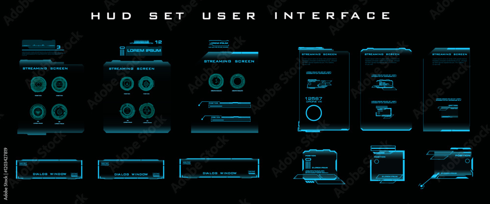 Fototapete Digital electronic HUD panel with set vector holographic frames for user interface. HUD, GUI elements. Text frames. Modern dialog boxes for streaming. Interface hud set