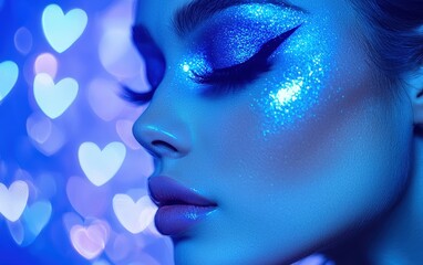 Fototapeta premium A close-up of a woman with dramatic eyeliner and shimmering highlight, glowing against a sapphire blue heart-themed background