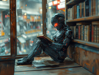 Wojny słownikowe, humanoidalny robot bojowy w spokoju czyta książkę, oparty o biblioteczkę, półkę z książkami