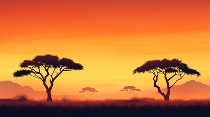 Serene Savanna Sunset, tranquil landscape featuring silhouetted acacia trees against a vibrant orange sky, evoking peacefulness and beauty