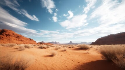 Naklejka premium Majestic Canyon Vista with Vibrant Desert Flora, Awe-Inspiring Geological Features, Expansive Blue Sky, Serene Atmosphere