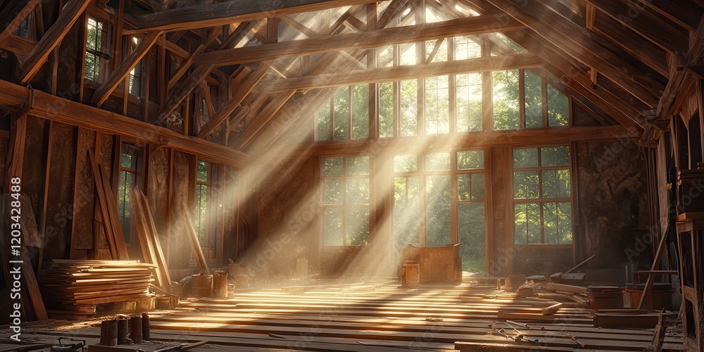 Poster sunlight streams through windows in rustic wooden cabin interior, illuminating dust particles and ex