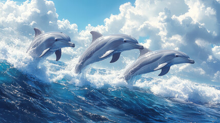 Fototapeta premium playful group of dolphins leaping out of ocean, showcasing their agility and joy against backdrop of vibrant blue water and fluffy clouds
