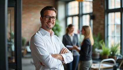 A smiling man in a white shirt stands confidently with crossed arms in a stylish office, exuding professionalism. In the background, two women engage in conversation, highlighting a collaborative and