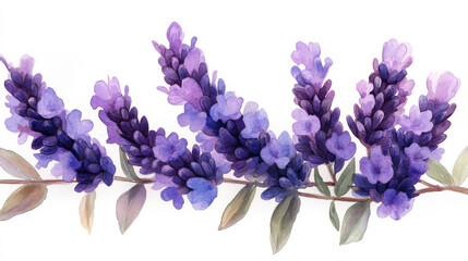 serene watercolor depiction of lavender sprigs in shades of purple, showcasing delicate flowers and green leaves, evoking sense of calm and tranquility
