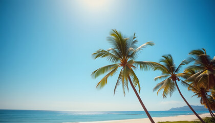 A retro vintage toned copy space image of a palm tree standing against a sunny blue sky at a tropical coast in the summertime, enhance, with white tones