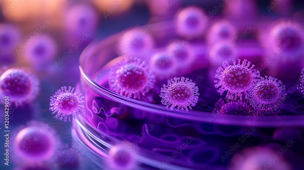 Poster vivid purple microscopic view of petri dish showcasing a thriving colony of bacteria and viruses int