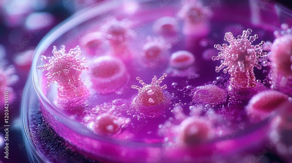 Poster vivid purple microscopic view of petri dish showcasing a thriving colony of bacteria and viruses int