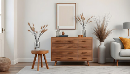 Modern interior with wooden furniture, minimalist living room, home design
