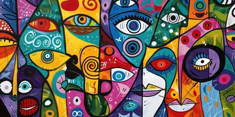 Obraz premium chaos people face paint hand draw colorful wallpaper abstract cartoon art doodle simple line modern