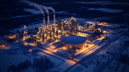 Fototapeta premium A large industrial plant with a large tank in the middle. The sky is dark and the lights are on