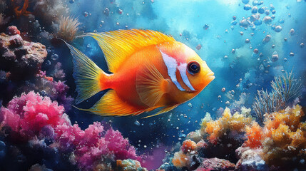 Obraz premium vibrant watercolor scene of tropical fish swimming among colorful coral reefs, showcasing beauty of underwater life and vivid colors of marine ecosystems