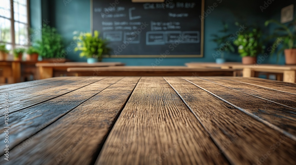 Poster warm wooden tabletop set in a vibrant school classroom with a blackboard backdrop the empty countert