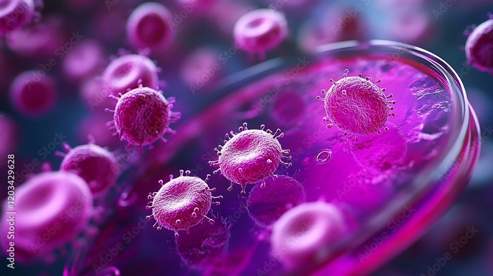 Poster vivid purple microscopic view of petri dish showcasing a thriving colony of bacteria and viruses int